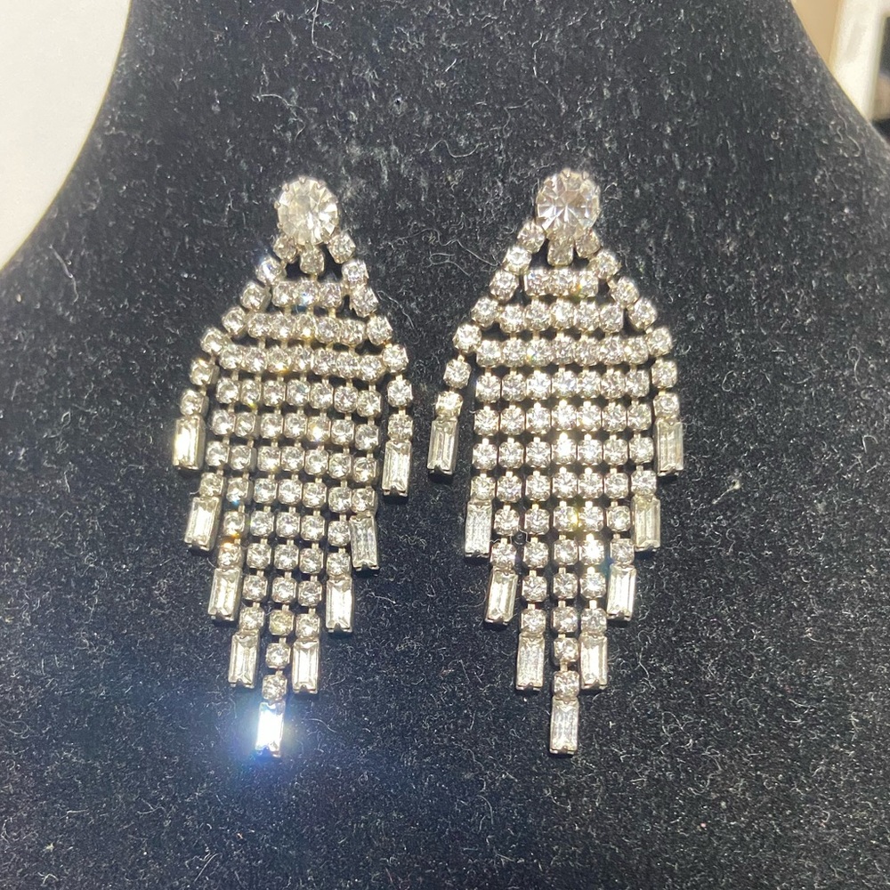 Vintage Clear Rhinestone Chandelier Waterfall Fringe Drop Dangle Earrings